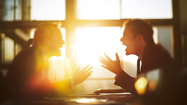 Two businessmen shouting at each other, engaging in an intense argument across a desk in an office environment