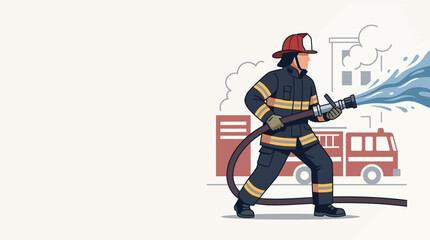 Fototapeta premium Brave firefighter in action with hose spraying water.