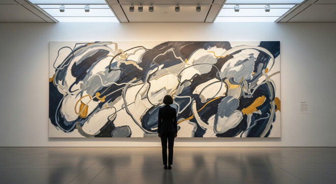 Visitor stands in a minimalist art gallery contemplating a large abstract expressionist painting with bold dark strokes and golden accents displayed on a white wall in a spacious modern exhibition.