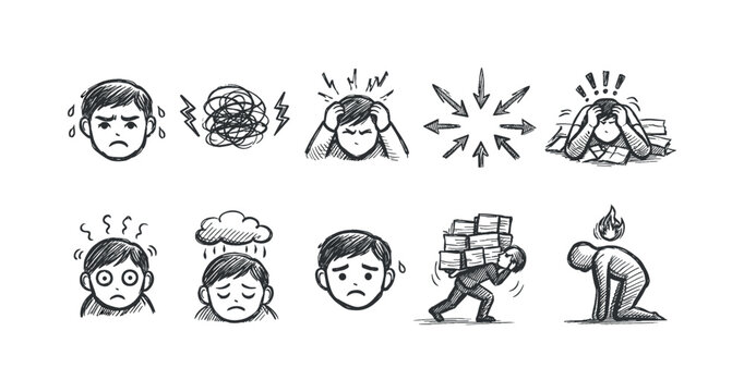 Collection of hand-drawn icons illustrating various states of stress and mental anguish