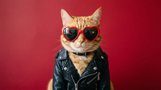 Cool ginger tabby cat wears bright red heart-shaped sunglasses and a tiny black leather motorcycle jacket against a solid crimson red wall.