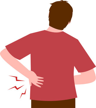 Man experiencing back pain, illustration of kidney stones and backache