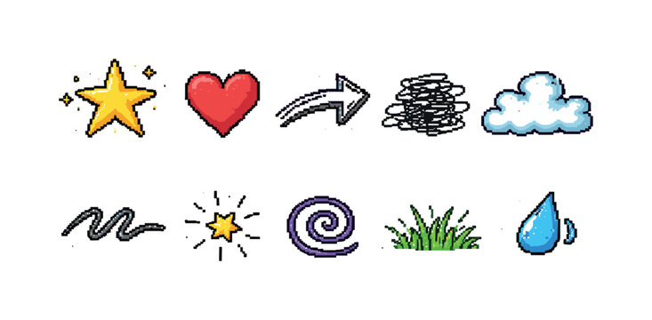 Collection of pixel art icons including a star, heart, arrow, cloud, and grass