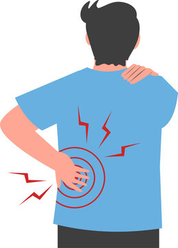 Man experiencing back pain, illustration of kidney stones and backache