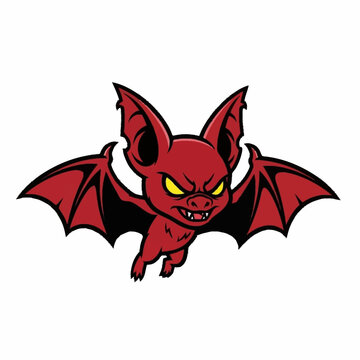 Cartoon Red Bat Character Flying with Wings Spread.