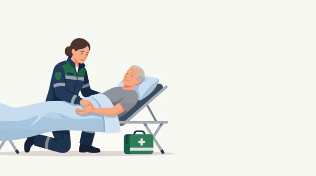 Paramedic assisting elderly patient on stretcher with medical kit.