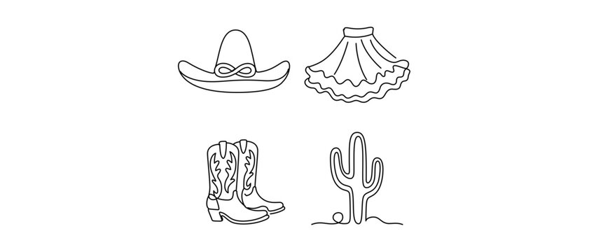 Mexican Jarabe Tapatio Culture Vector Icon Set with Editable Stroke featuring Charro Hat, Flared Skirt, Cowboy Boots, and Saguaro Cactus in Minimalist One Line Drawing Style Collection.