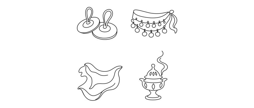 Oriental Belly Dance Accessories Vector Icon Set with Editable Stroke featuring Finger Cymbals, Coin Belt, Silk Veil, and Incense Burner for Performance and Cultural Arts. Collection of 4 Icons