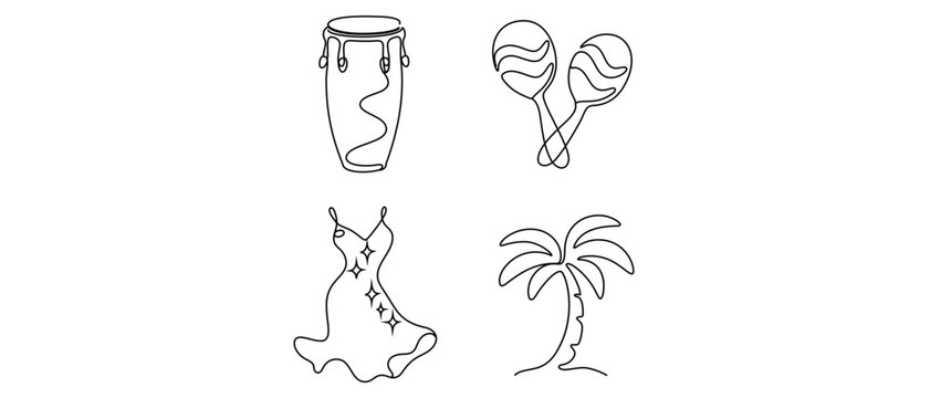 Latin Salsa Dance and Music Vector Icon Set: Conga Drum, Maracas, Sequined Dress, and Palm Tree. Collection of 4 Minimalist One Line Art Icons with Editable Stroke for Tropical Event Branding.
