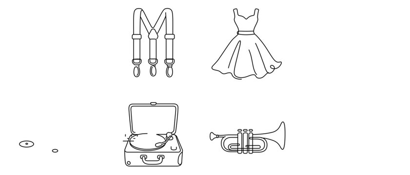 Vintage Swing Dance and Retro Jazz Music Vector Icon Set of 4 Icons with Editable Stroke featuring a Classic Dress, Suspenders, Record Player, and Trumpet for Performing Arts and Lifestyle.