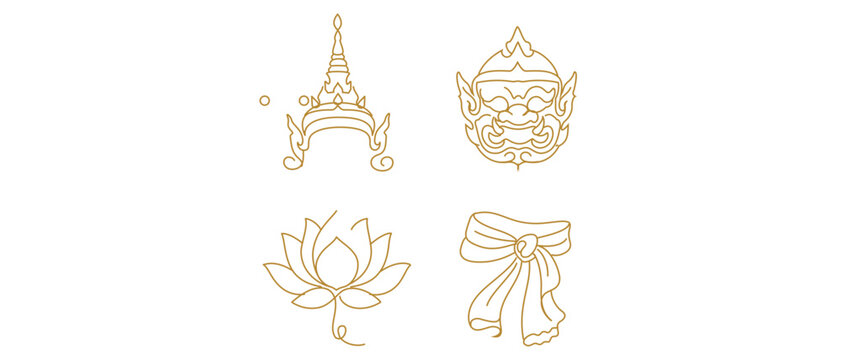 Thai Khon Dance and Performing Arts Vector Icon Set with Editable Stroke featuring Pointed Crown, Giant Mask, Lotus Flower, and Silk Sash Collection of 4 Gold Line Art Icons for Cultural Design.