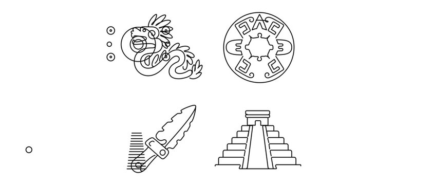 Aztec Mythology and Religion Vector Icon Set of 4 Icons featuring Feathered Serpent Quetzalcoatl, Sun Stone Calendar, Obsidian Knife, and Step Pyramid Temple with Editable Stroke Line Art.