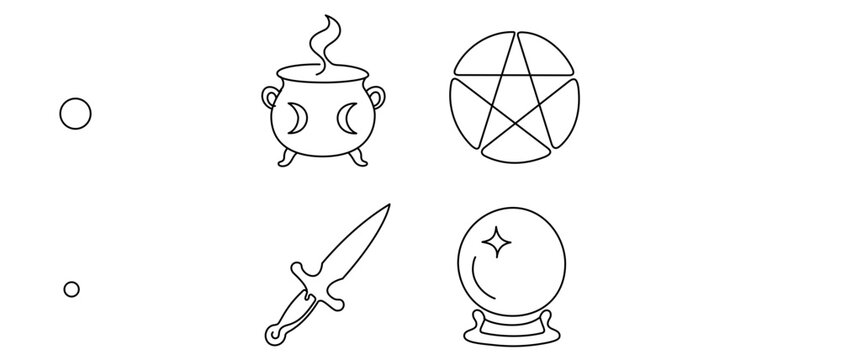Pagan Witchcraft and Occult Ceremony Adjustable Stroke Outline Icon Bundle &mdash; Brewing Cauldron, Pentacle Star Circle, Ceremonial Dagger Blade, and Divination Crystal Orb &mdash; Four Minimalist Line Symbols
