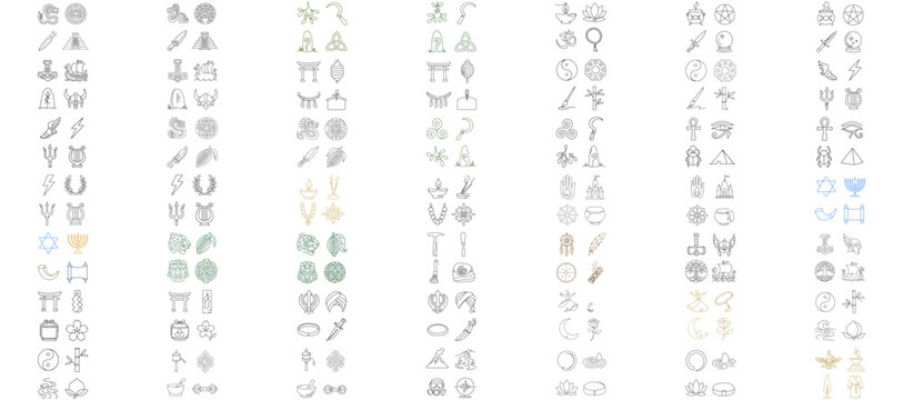 Mega Vector Icon Set Bundle of 196 Mythology and Religion Icons featuring Aztec, Norse, Greek, Egyptian, Hindu, and Shinto Symbols. Minimalist Line Art Collection with Editable Stroke Weight.