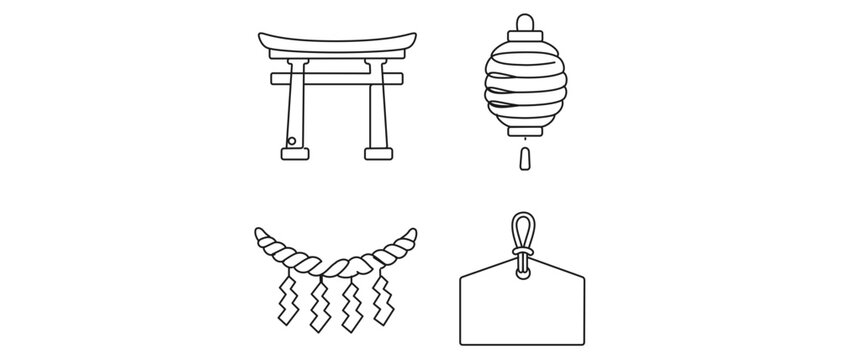 Japanese Shinto Traditions Editable Stroke Vector Icon Set Collection featuring Torii Gate, Chochin Paper Lantern, Shimenawa Sacred Rope, and Ema Wooden Plaque for Religion and Culture.