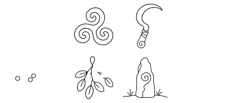 Celtic Polytheism and Druidry Vector Icon Set of 4 Icons featuring Triskelion, Druid Sickle, Mistletoe Branch, and Standing Stone. Minimalist Line Art with Editable Stroke for Easy Customization.