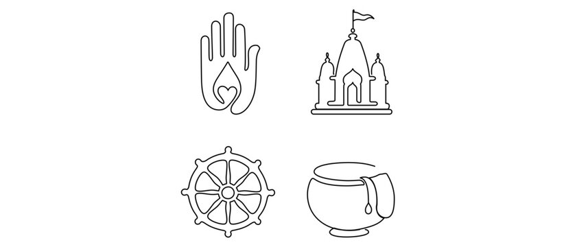 Jainism Religion Vector Icon Set of 4 Icons featuring Ahimsa Hand, Jain Temple, Spiritual Wheel, and Alms Bowl. Minimalist Single Line Art with Editable Stroke for Customizable Design Projects.
