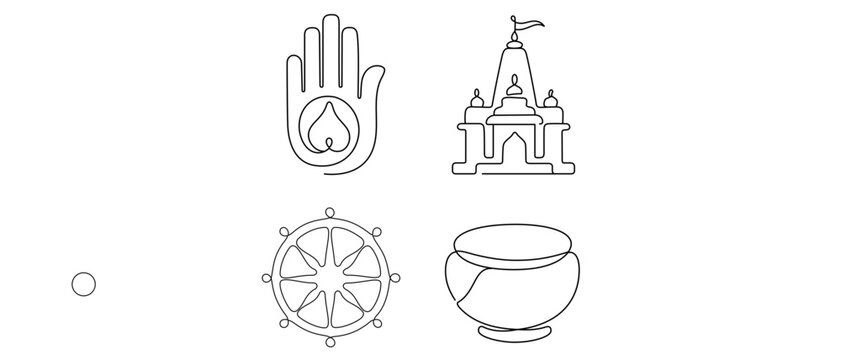 Jainism Religion and Spirituality Vector Icon Set of 4 Icons with Ahimsa Hand, Jain Temple, Dharmachakra Wheel, and Alms Bowl. Minimalist Line Art with Editable Stroke for Easy Customization.