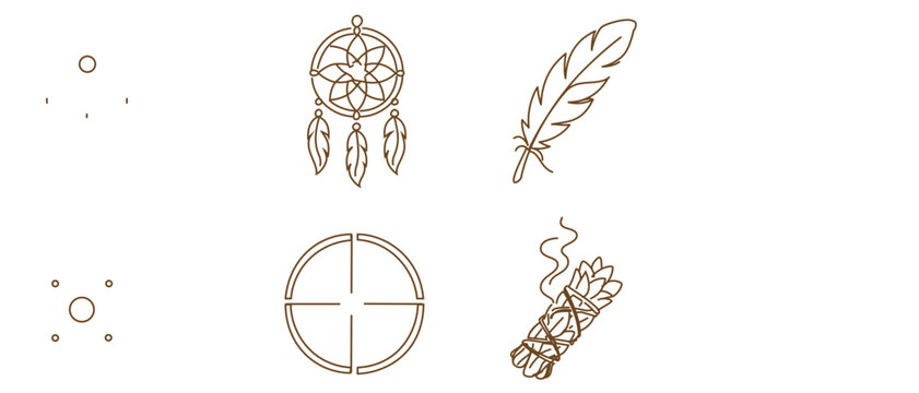 Native American Spirituality Editable Stroke Vector Icon Set. Collection of 4 icons: dreamcatcher, eagle feather, medicine wheel, and smudge stick for indigenous culture and religious design.
