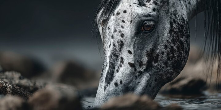 an arabian horse with black and white spots, head down drinking from water near rocks