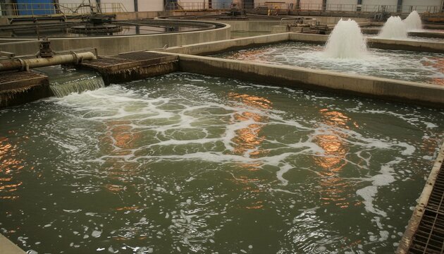 Wastewater treatment plant with aerated water basins. Industrial sewage purification system with oxygen aeration process for environmental protection and water management technology.
