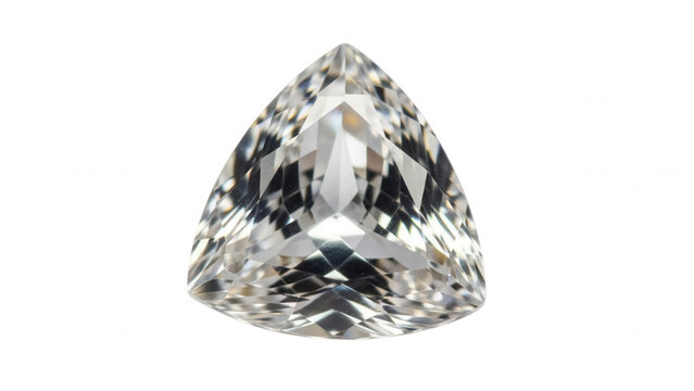 A trillion-cut clear white diamond gemstone with sharp facets, isolated on a solid black background, showcasing internal light refraction