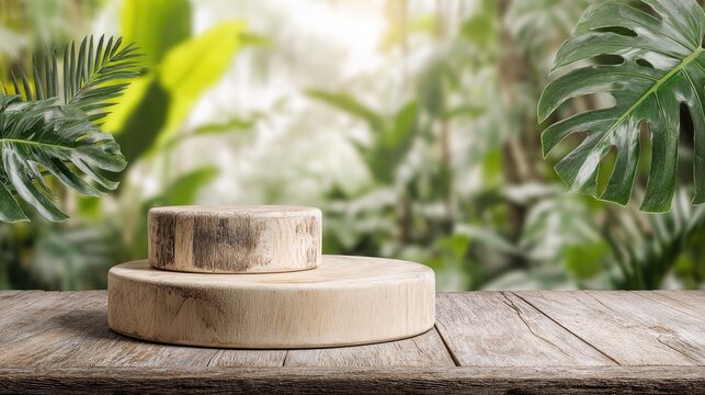 Rustic wooden display stands in lush tropical greenery