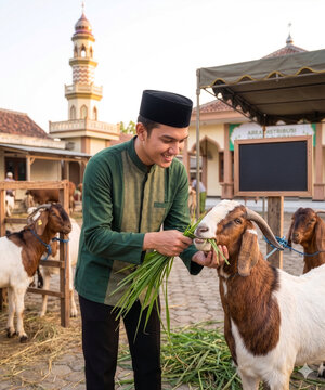 Muslim Man Feeding Goats for Eid al-Adha Sacrifice Celebration