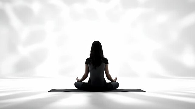 Woman meditating in lotus position on yoga mat. Silhouette of girl practicing mindfulness and breath control. Healthy lifestyle, wellness and spiritual calm concept.