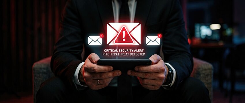 Urgent action required critical security alert for phishing threat detected in email digital workspace visual content cybersecurity environment close-up viewpoint