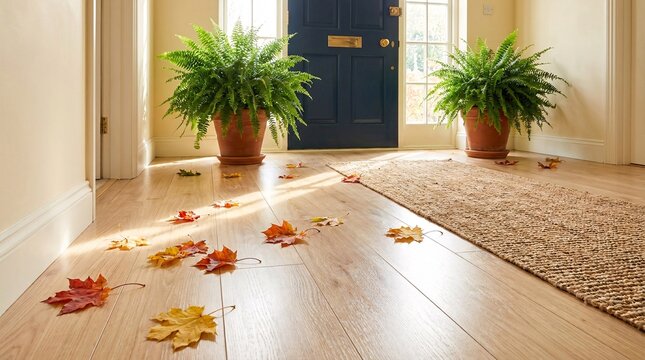 Elegant domestic hallway features light ash wood flooring leading to a dark blue door, with vibrant autumn maple leaves scattered around.