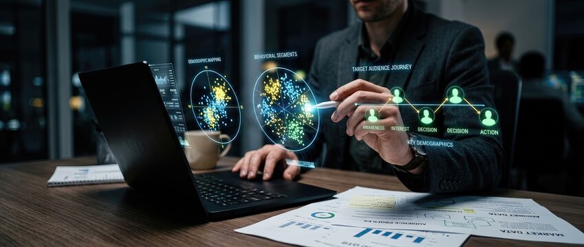 Strategic business analysis action office environment digital interaction data visualization professional perspective decision-making insights for modern enterprises