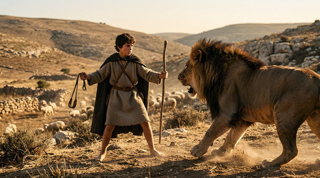 Young shepherd boy confronting a lion in a pastoral landscape