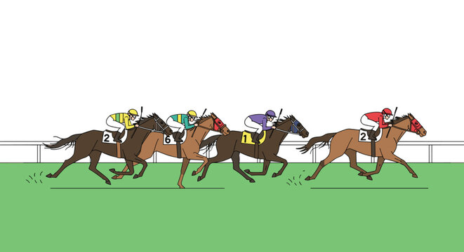 Four racing horses wearing numbered saddle blankets gallop across a green track behind metal railings in a competitive horse racing event on a bright day.