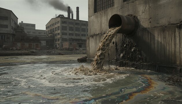 Wastewater pours from industrial pipe into river. Environmental pollution of water body from factory. Industrial waste discharge and ecological disaster concept. Toxic river contamination.