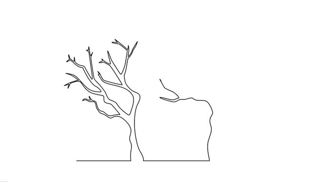Continuous one-line drawing of two leafless dead trees animation