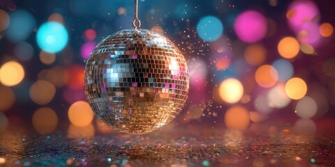 Glittering disco ball hangs above a sparkly surface with blurred colorful lights