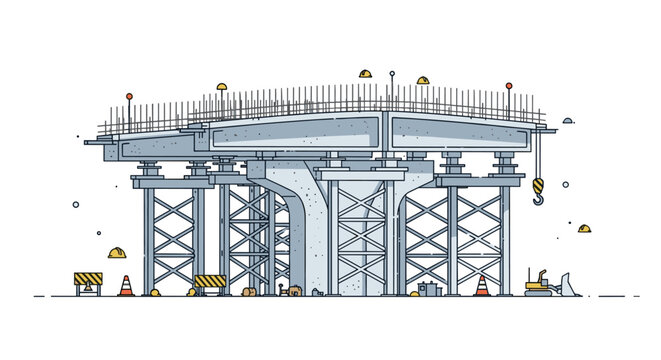 A structural engineering cross section of a bridge under construction featuring reinforced concrete pillars and metal scaffolding supports against a stark white background.