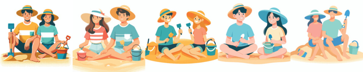 vector of a couple sitting on the sand holding sand shovels in summer © Andi