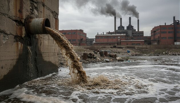 Industrial pipe discharging wastewater into river near factory. Environmental pollution and chemical waste from plant. Concept of global water contamination and ecological disaster.