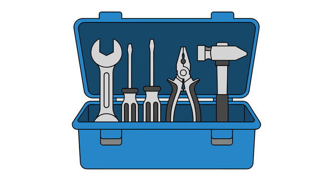A blue plastic toolbox holds a collection of essential hand tools including a wrench and hammer arranged neatly for easy access in a workshop or home repair setting.