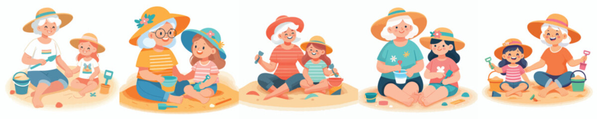 vector of a grandma and grandchild sitting on the sand holding sand shovels in summer © Andi