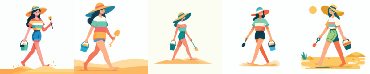 vector of a woman walking carrying a sand shovel in summer © Andi