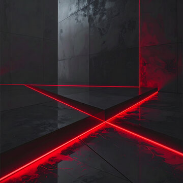 Abstract red neon light beams crossing in dark space.