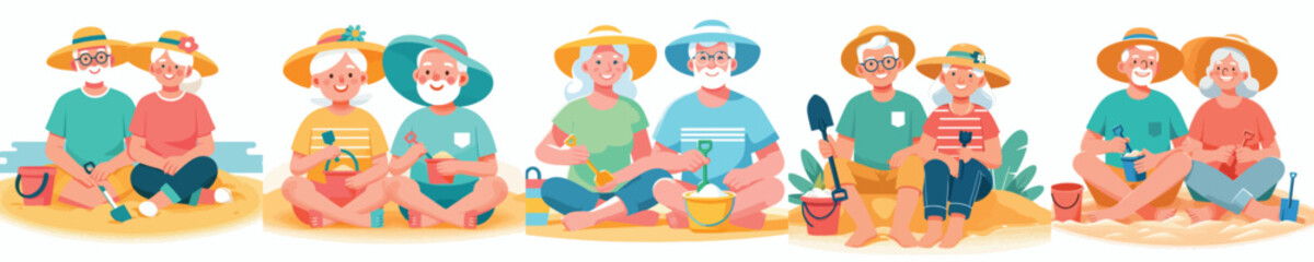 vector of a old couple sitting on the sand holding sand shovels in summer © My_Vector