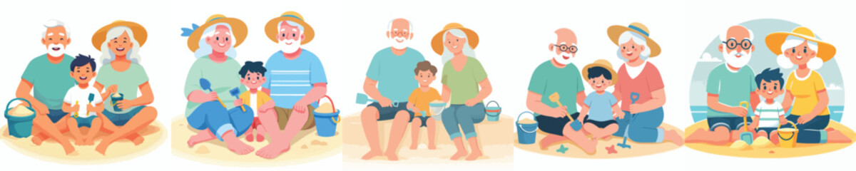 vector of a grandparents and grandchild sitting on the sand holding sand shovels in summer © My_Vector