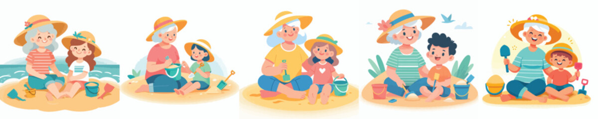 vector of a grandma and grandchild sitting on the sand holding sand shovels in summer © My_Vector
