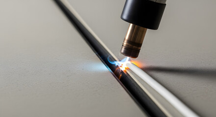 Naklejka premium Close-up shot of a welding torch in action, creating sparks and joining two metal pieces together