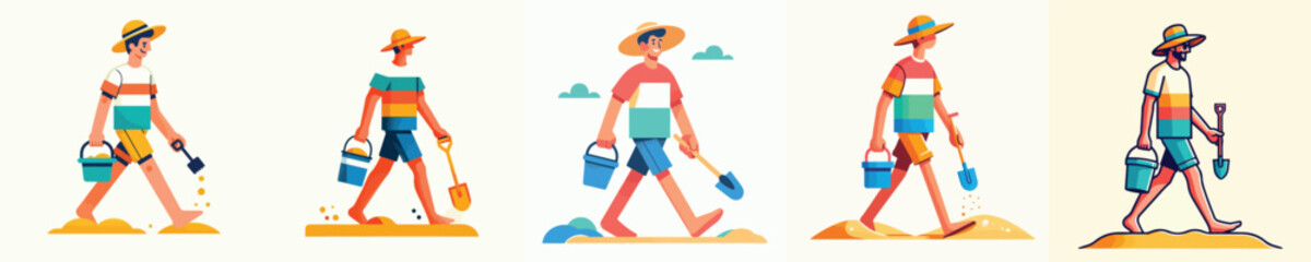 vector of a man walking carrying a sand shovel in summer © My_Vector