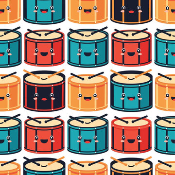 Cute Cartoon Drums with Drumsticks Seamless Pattern.